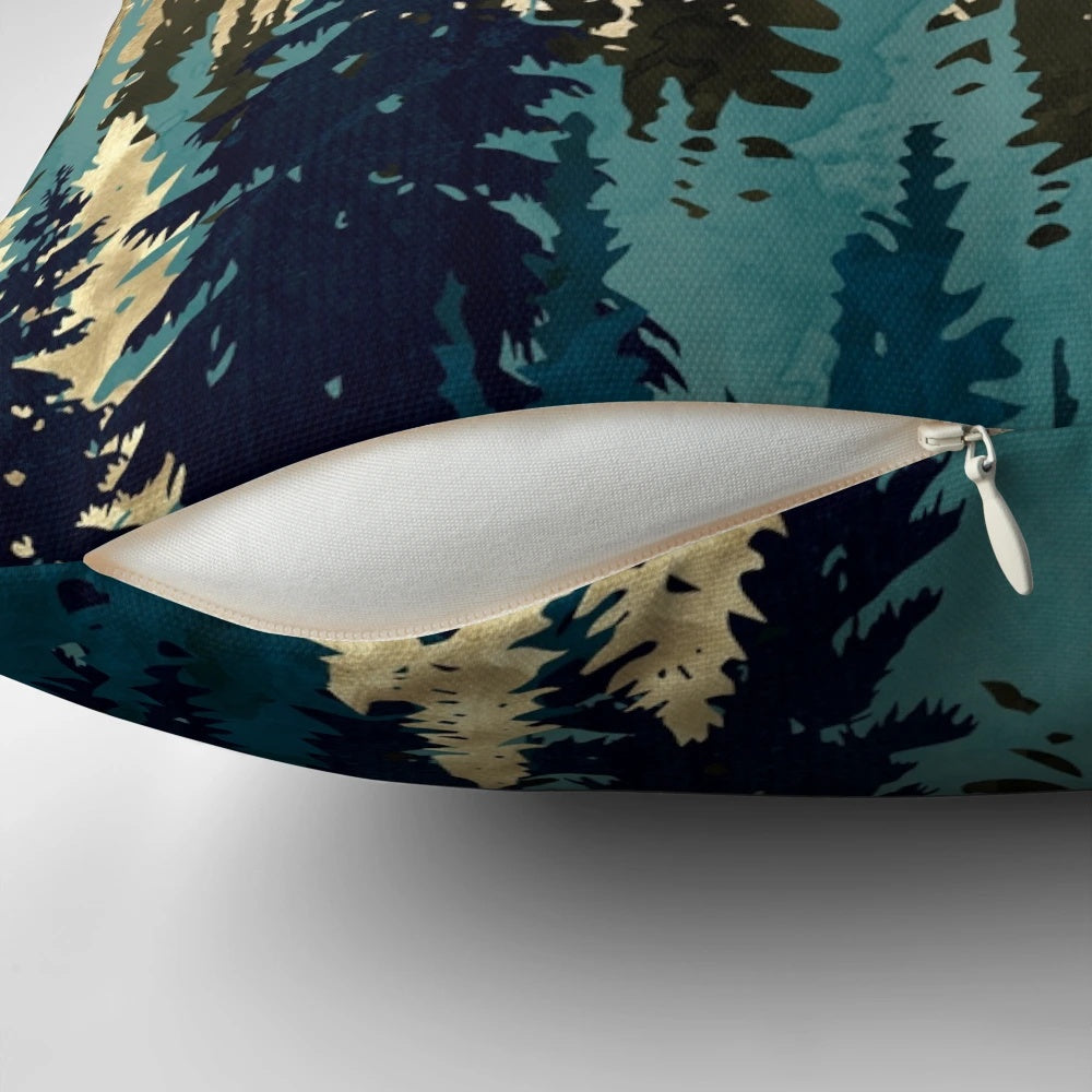 Misty pine forest landscape printed on a soft, contemporary pillow for cozy, boho inspired home decor.