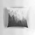 A cozy and misty forest pillow with trees covered in magical fog, perfect for fall adventures and fairytale-inspired décor.