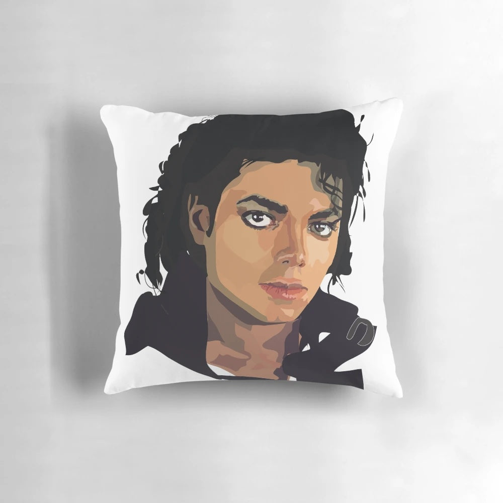 A cozy pillow featuring the iconic image of Michael Jackson, the legendary pop music icon.