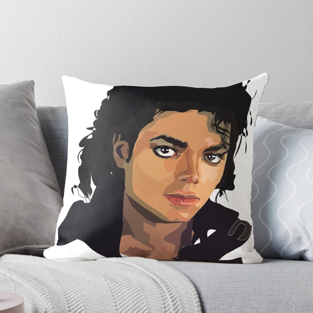 A cozy pillow featuring the iconic image of Michael Jackson, the legendary pop music icon.