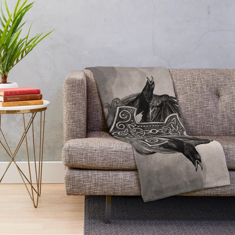 Mjolnir inspired plush blanket featuring the hammer of Thor and Norse/Celtic symbols
