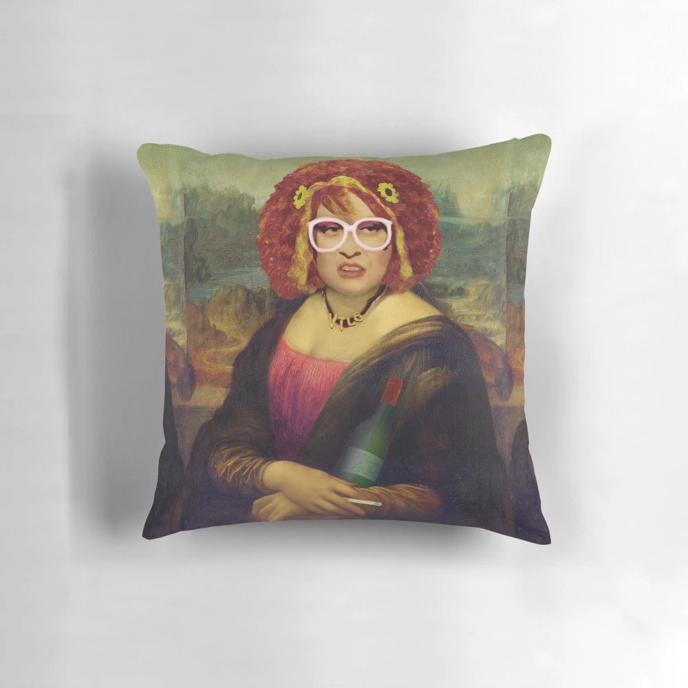 A high-quality pillow featuring the iconic 'Moaner Linda' character from the TV show 'Gimme Gimme Gimme'.
