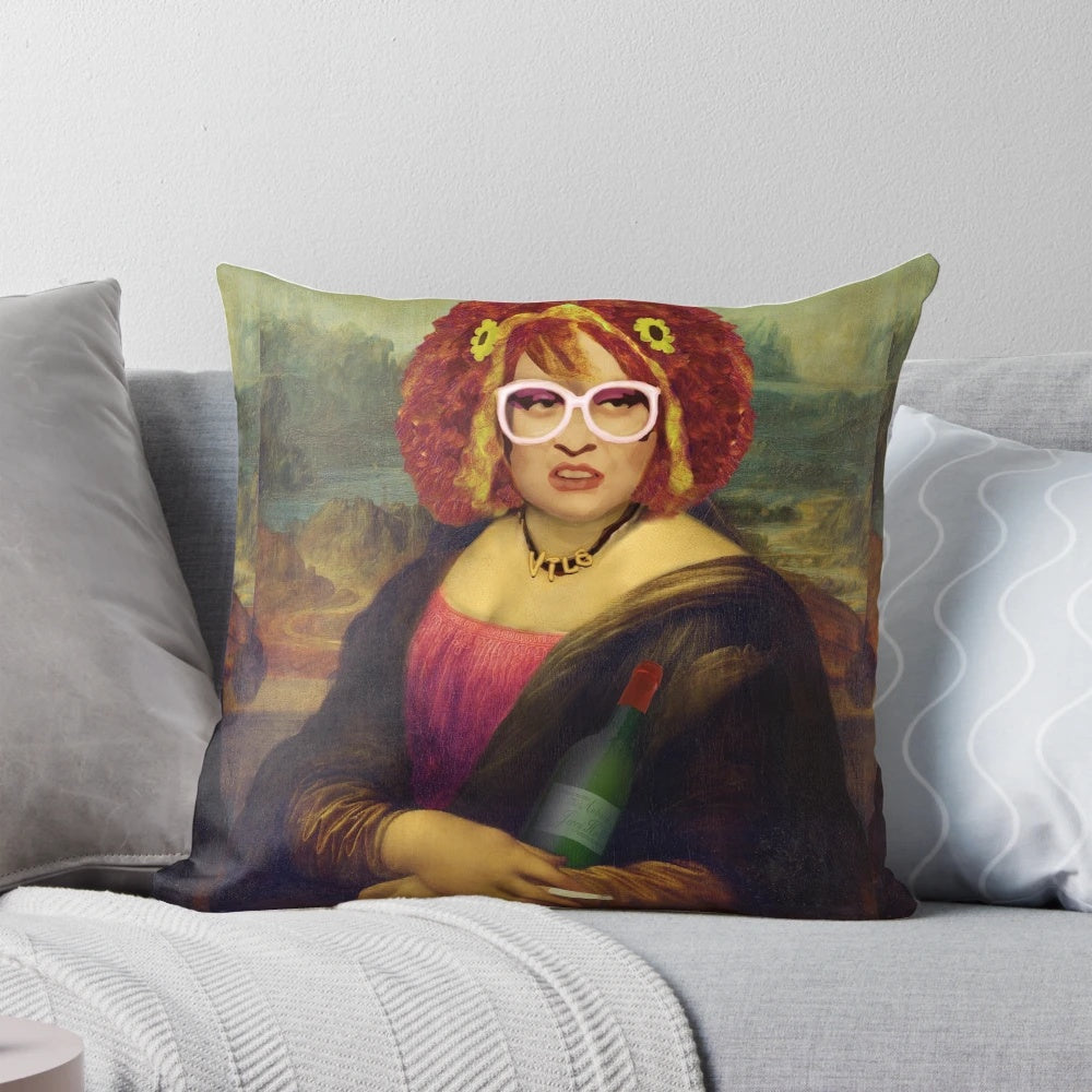 A high-quality pillow featuring the iconic 'Moaner Linda' character from the TV show 'Gimme Gimme Gimme'.