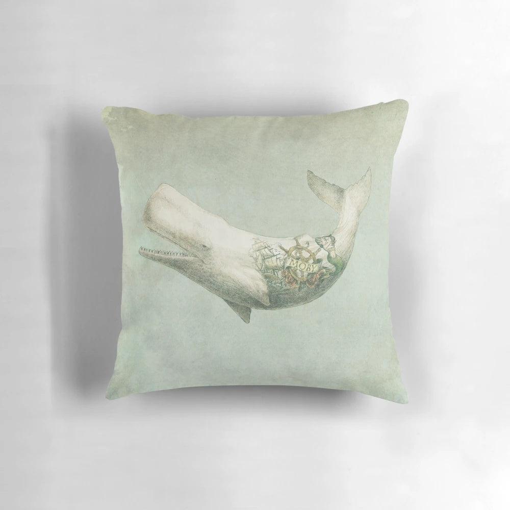 White whale throwing water on a vintage ship, Moby Dick inspired nautical pillow