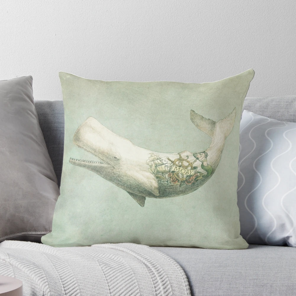 White whale throwing water on a vintage ship, Moby Dick inspired nautical pillow