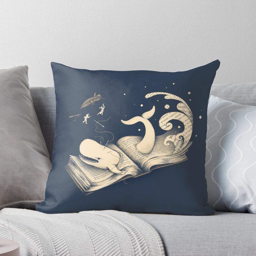 Moby Dick literary pillow featuring a whale and sailing ship on a wavy background