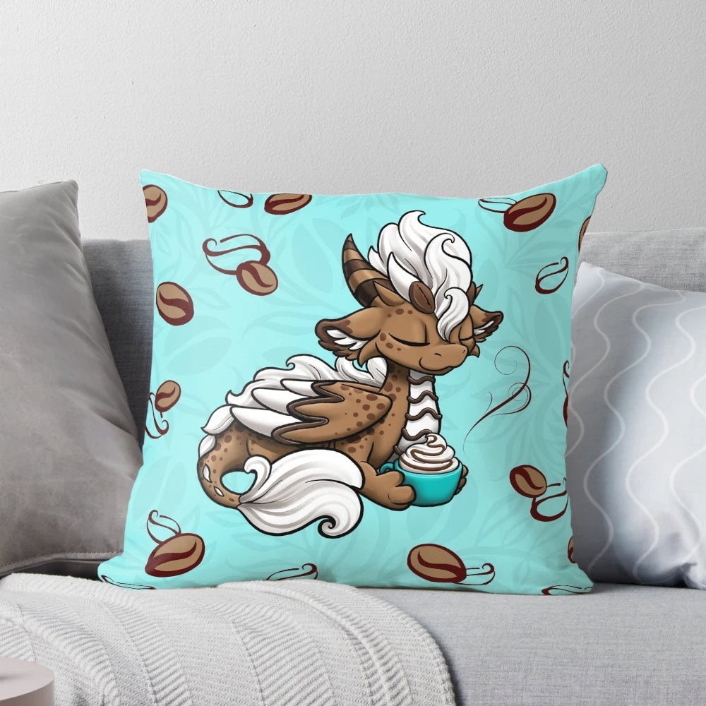 Mocha Coffee Beans Pillow featuring a dragon and coffee beans design