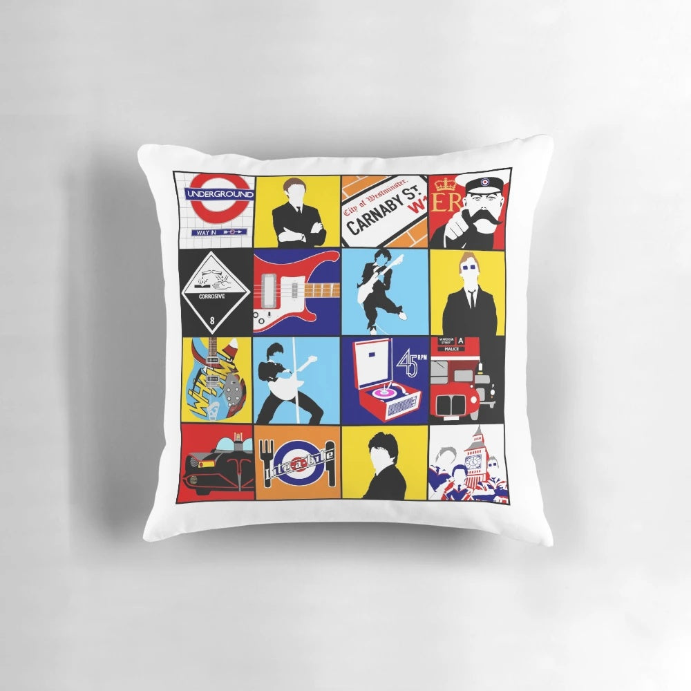 Mod art inspired throw pillow featuring a punk rock and retro style design