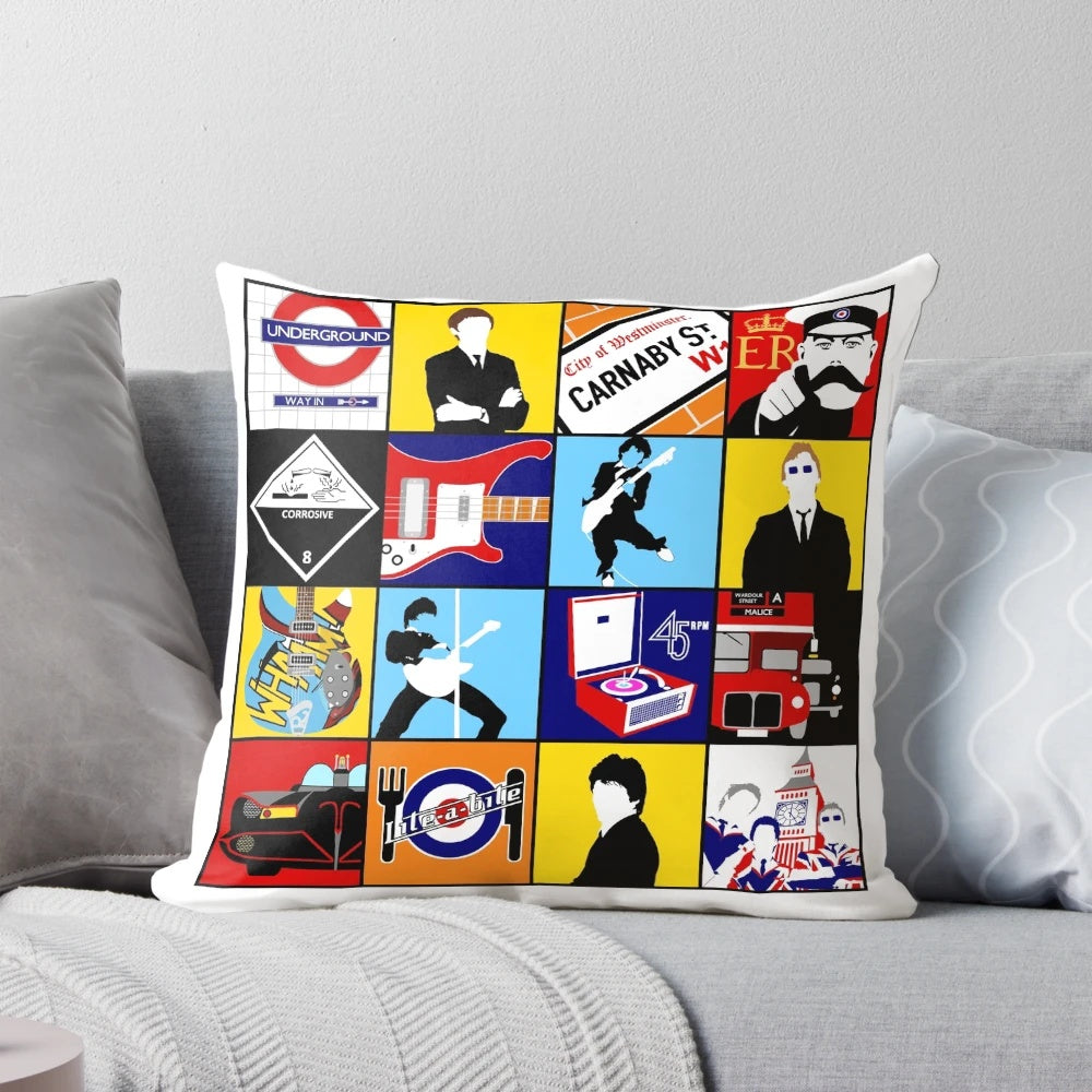 Mod art inspired throw pillow featuring a punk rock and retro style design