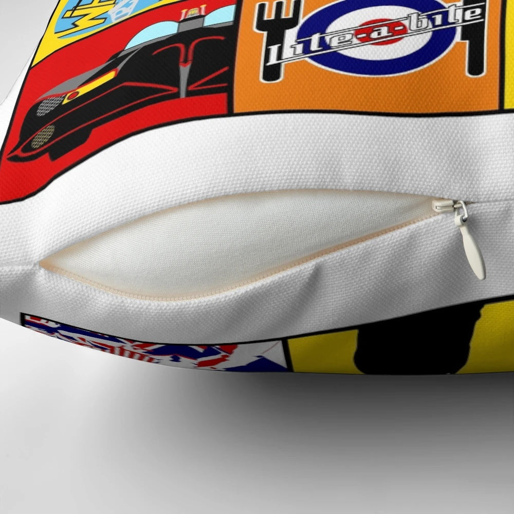 Mod art inspired throw pillow featuring a punk rock and retro style design