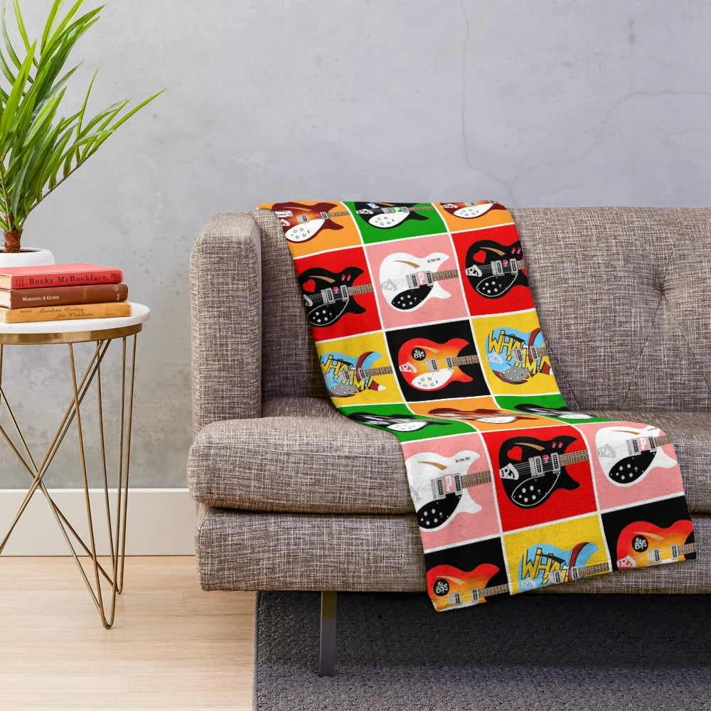 Plush blanket with pop art-style image of Paul Weller's Rickenbacker guitars from The Jam