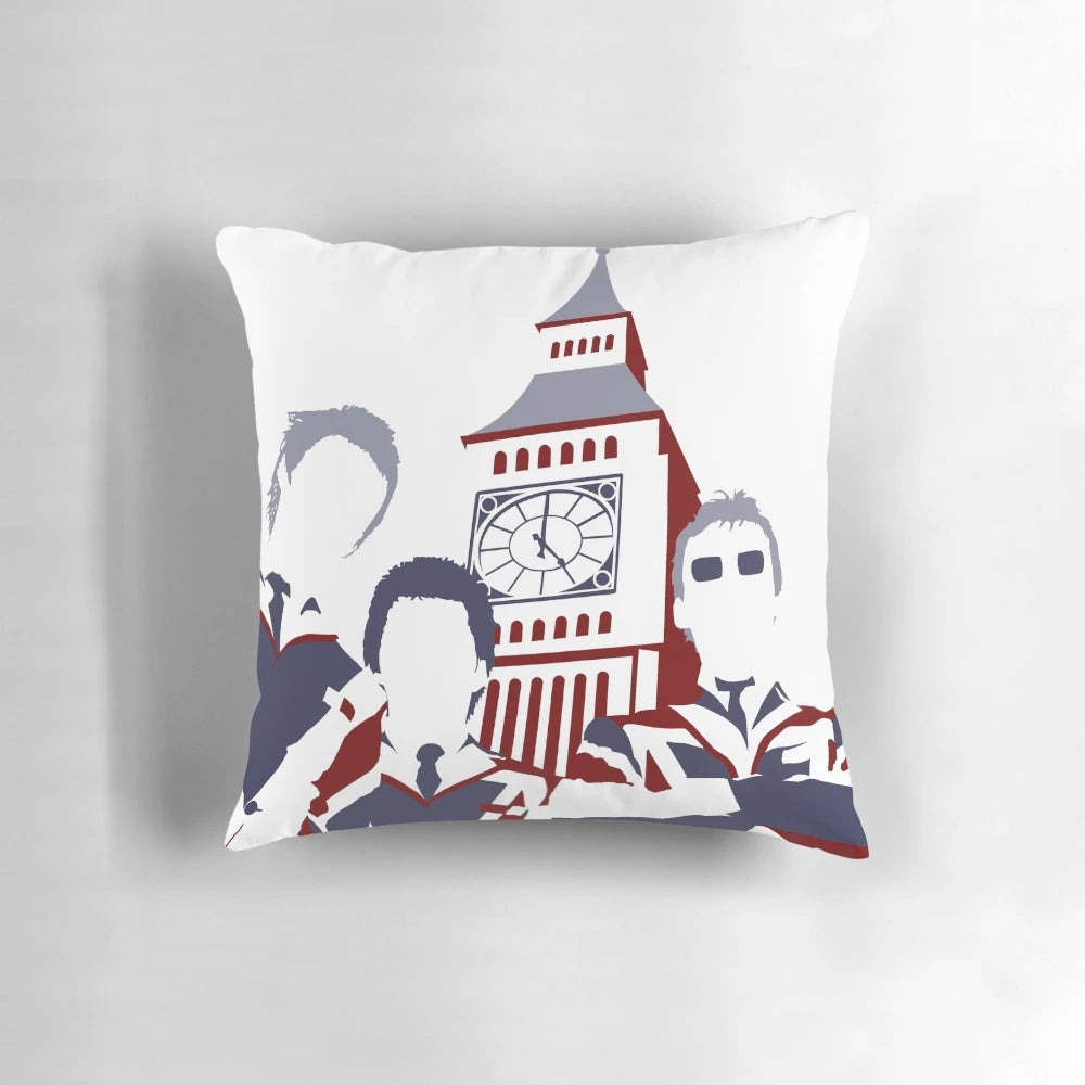 Mod-inspired pop art pillow featuring a vibrant, retro-style design