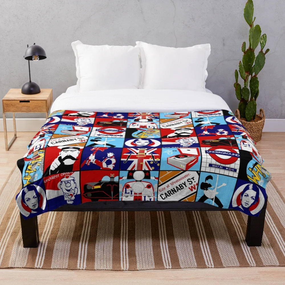Mod-inspired pop art plush blanket with retro British music icons
