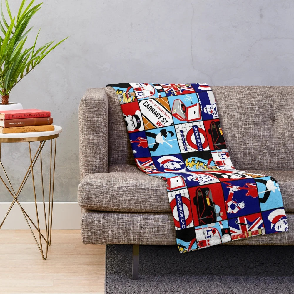 Mod-inspired pop art plush blanket with retro British music icons
