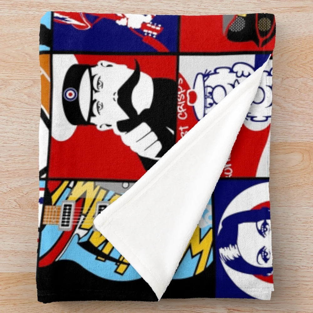 Mod-inspired pop art plush blanket with retro British music icons