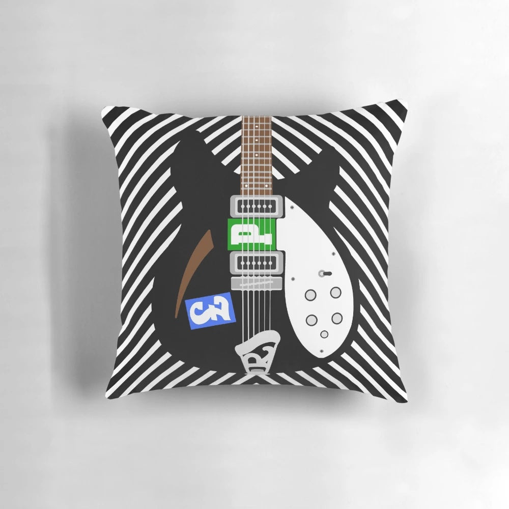Colorful pillow featuring Rickenbacker guitars, a symbol of mod fashion and Brit pop music
