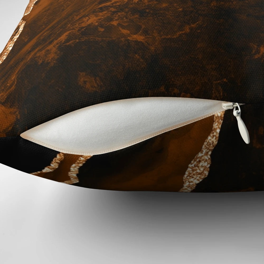 Modern abstract agate design decorative throw pillow in brown and gold colors