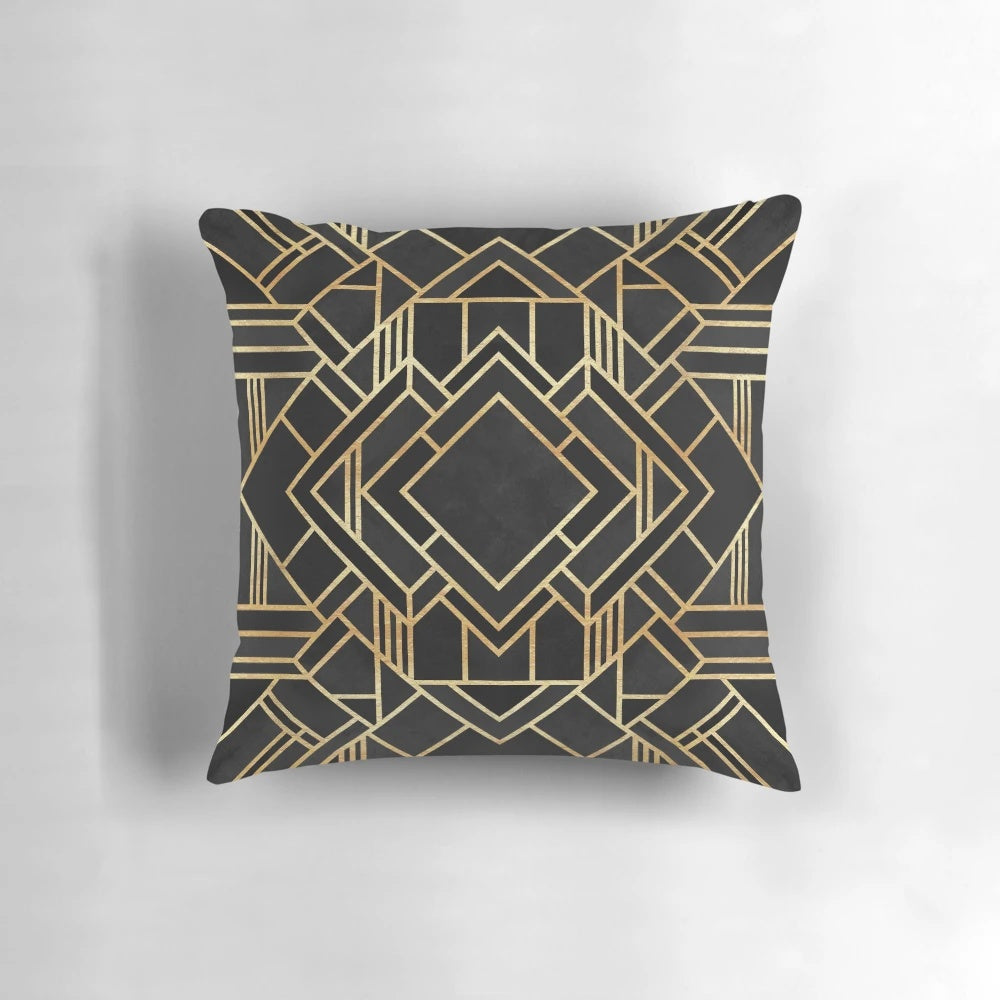 Black and gold abstract geometric art deco throw pillow