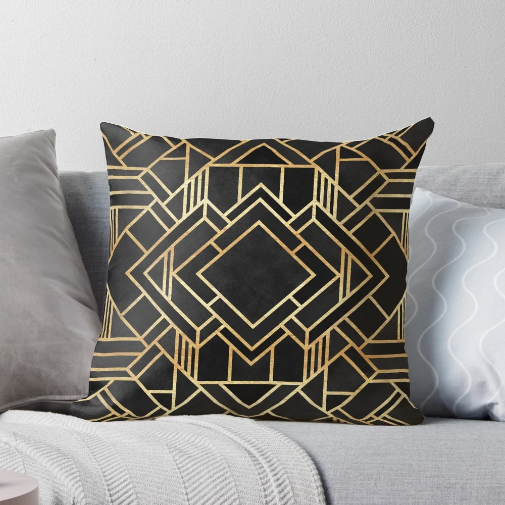 Black and gold abstract geometric art deco throw pillow