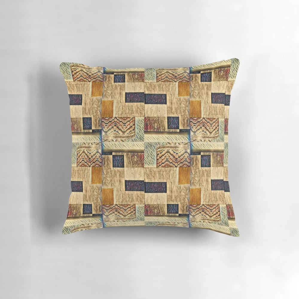 A modern, abstract art-inspired throw pillow with a geometric design in vibrant colors.