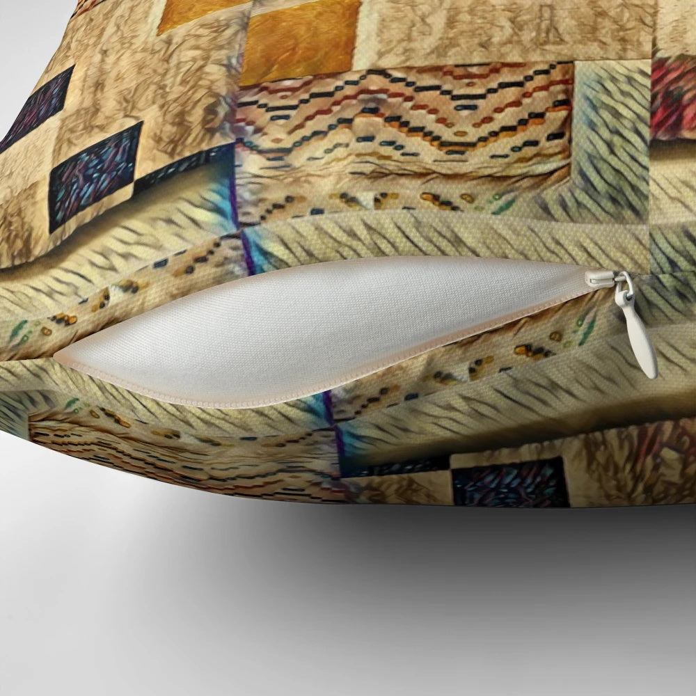 A modern, abstract art-inspired throw pillow with a geometric design in vibrant colors.