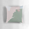 Modern abstract art painting in soft shades of sage green and blush pink, printed on a plush throw pillow for a contemporary, aesthetic home decor accent.