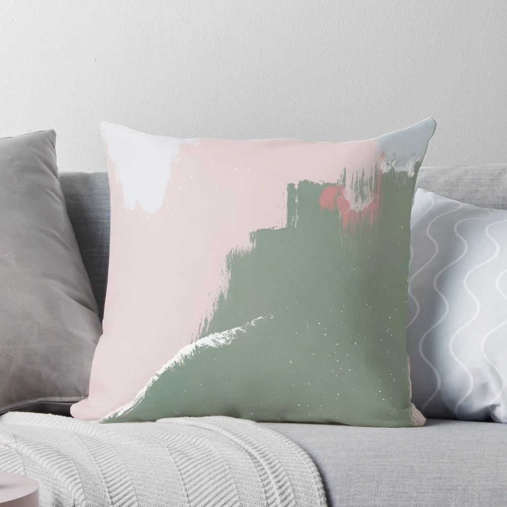 Modern abstract art painting in soft shades of sage green and blush pink, printed on a plush throw pillow for a contemporary, aesthetic home decor accent.