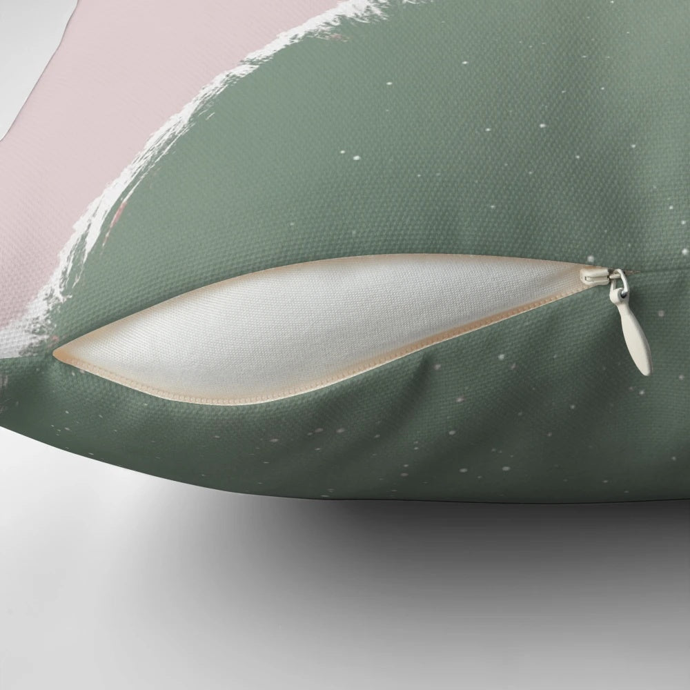 Modern abstract art painting in soft shades of sage green and blush pink, printed on a plush throw pillow for a contemporary, aesthetic home decor accent.