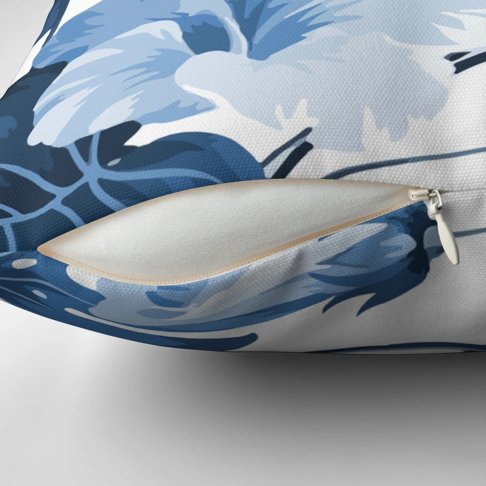Abstract blue and periwinkle foliage design on a modern decorative throw pillow