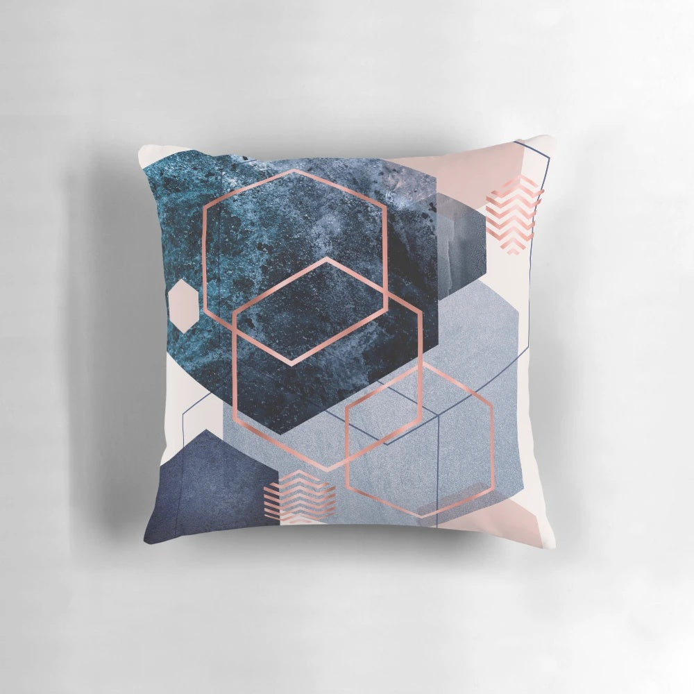 Abstract geometric pattern in blush pink, navy blue, and rose gold throw pillow