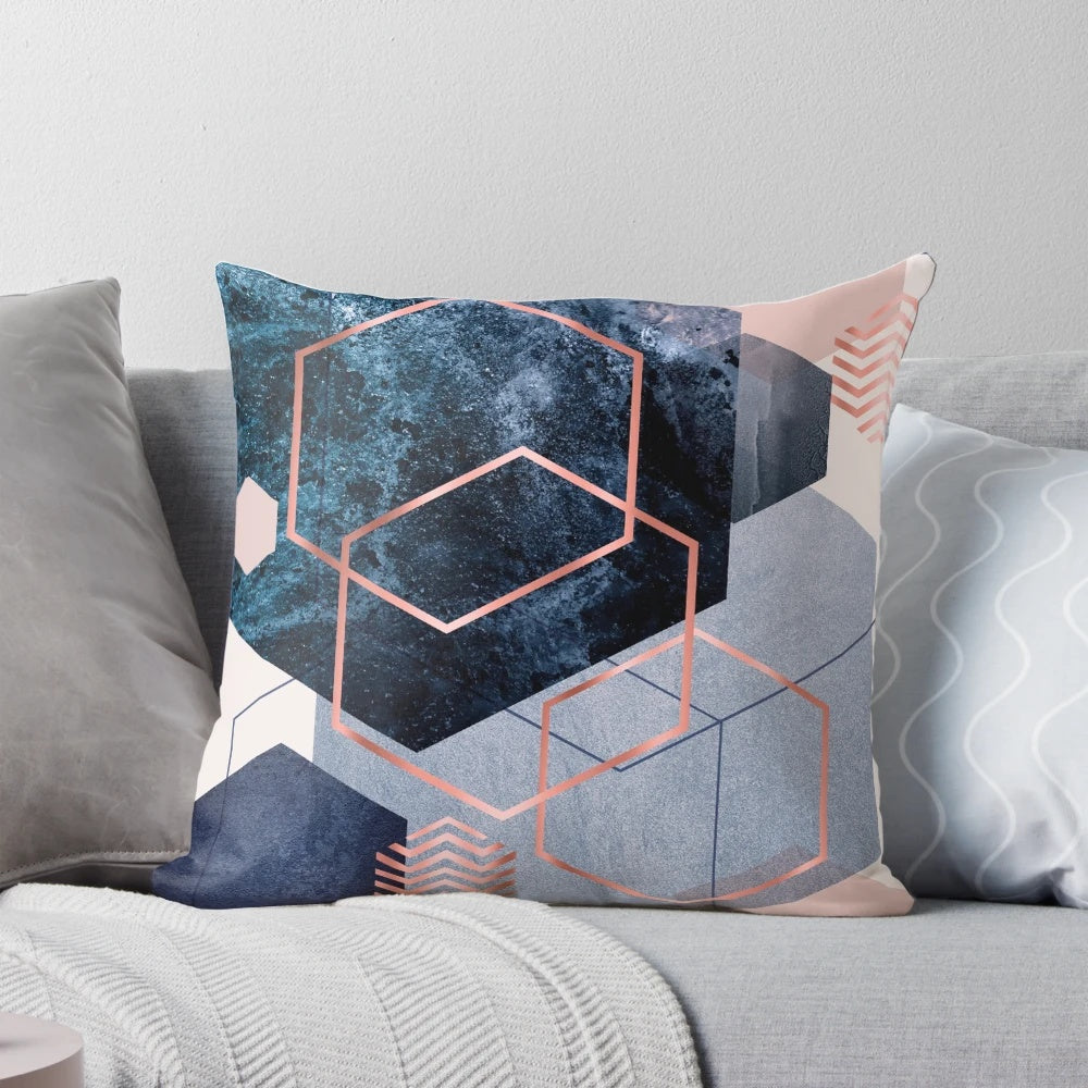 Abstract geometric pattern in blush pink, navy blue, and rose gold throw pillow