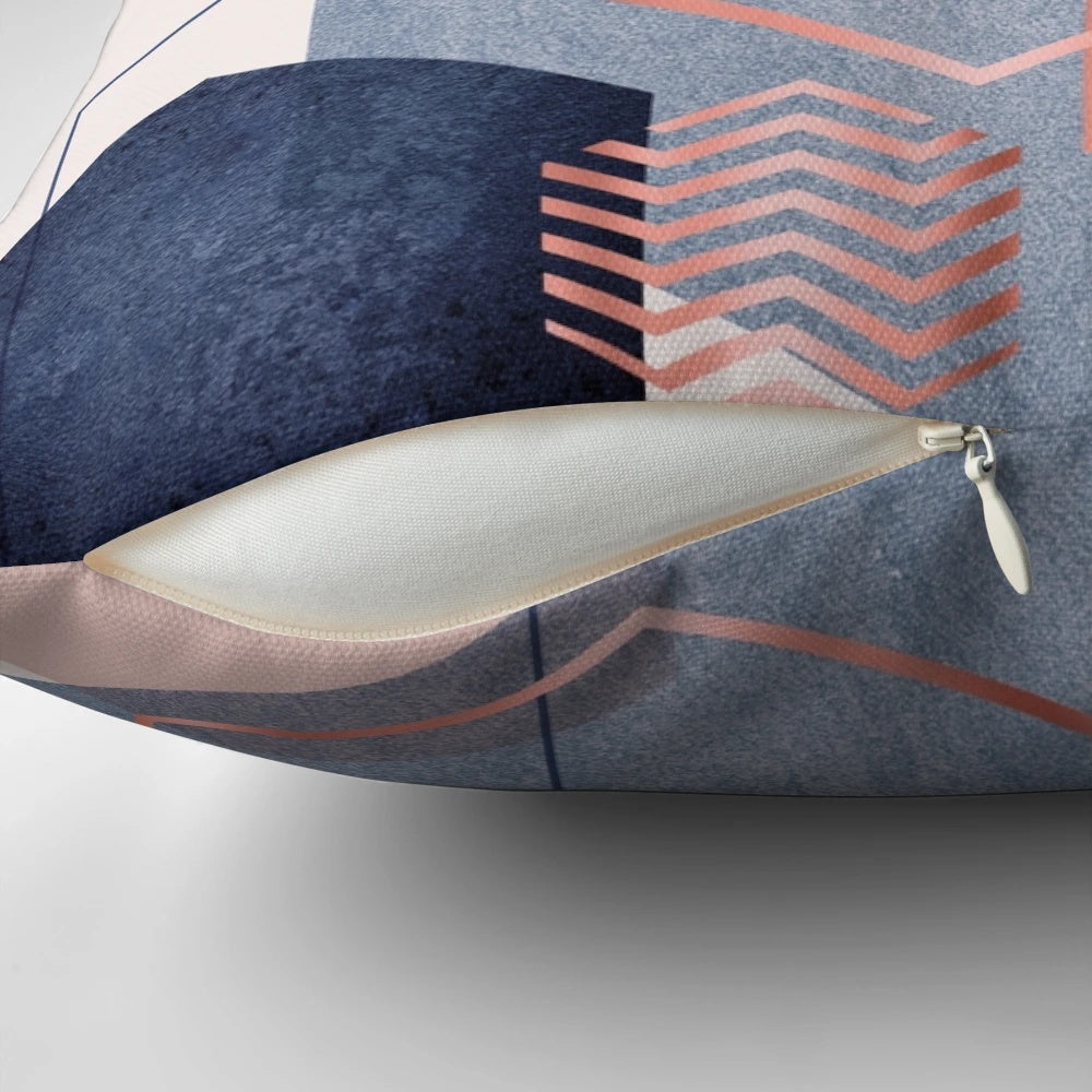 Abstract geometric pattern in blush pink, navy blue, and rose gold throw pillow