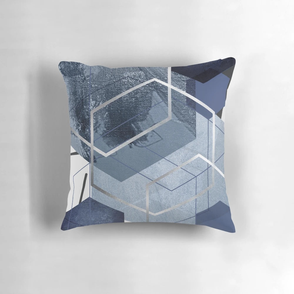 Abstract blue and silver geometric hexagon pattern pillow for modern home decor