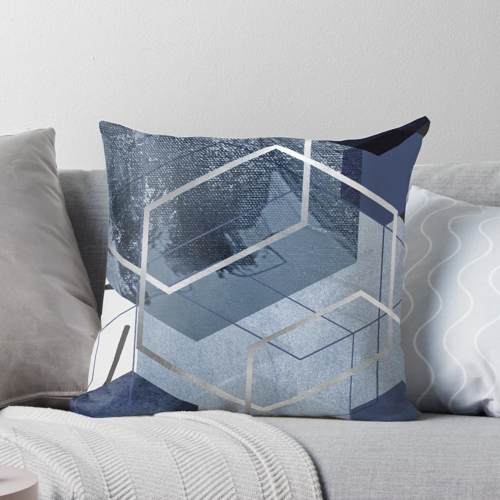 Abstract blue and silver geometric hexagon pattern pillow for modern home decor