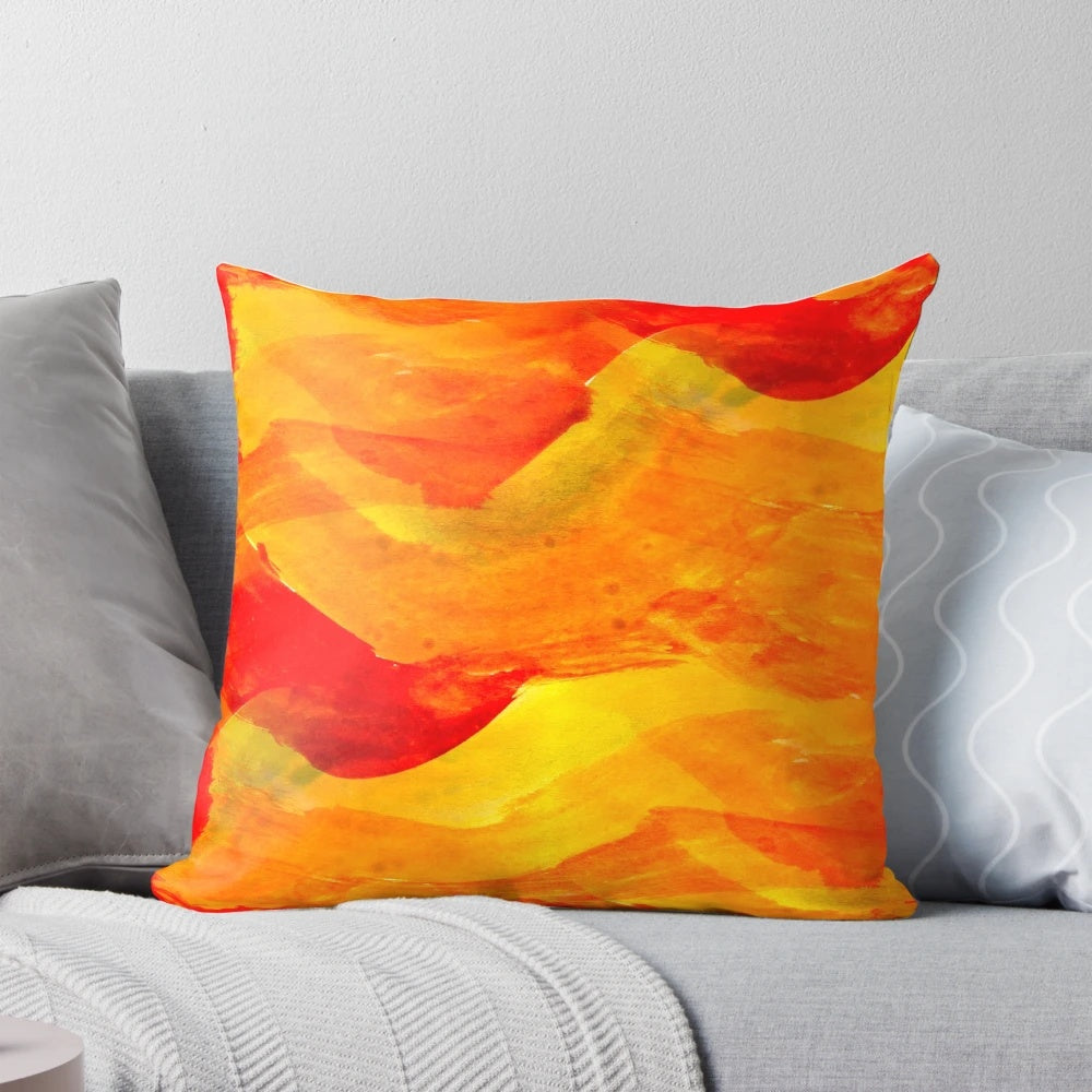 Abstract red and yellow decorative pillow with a wave design, perfect for modern home decor