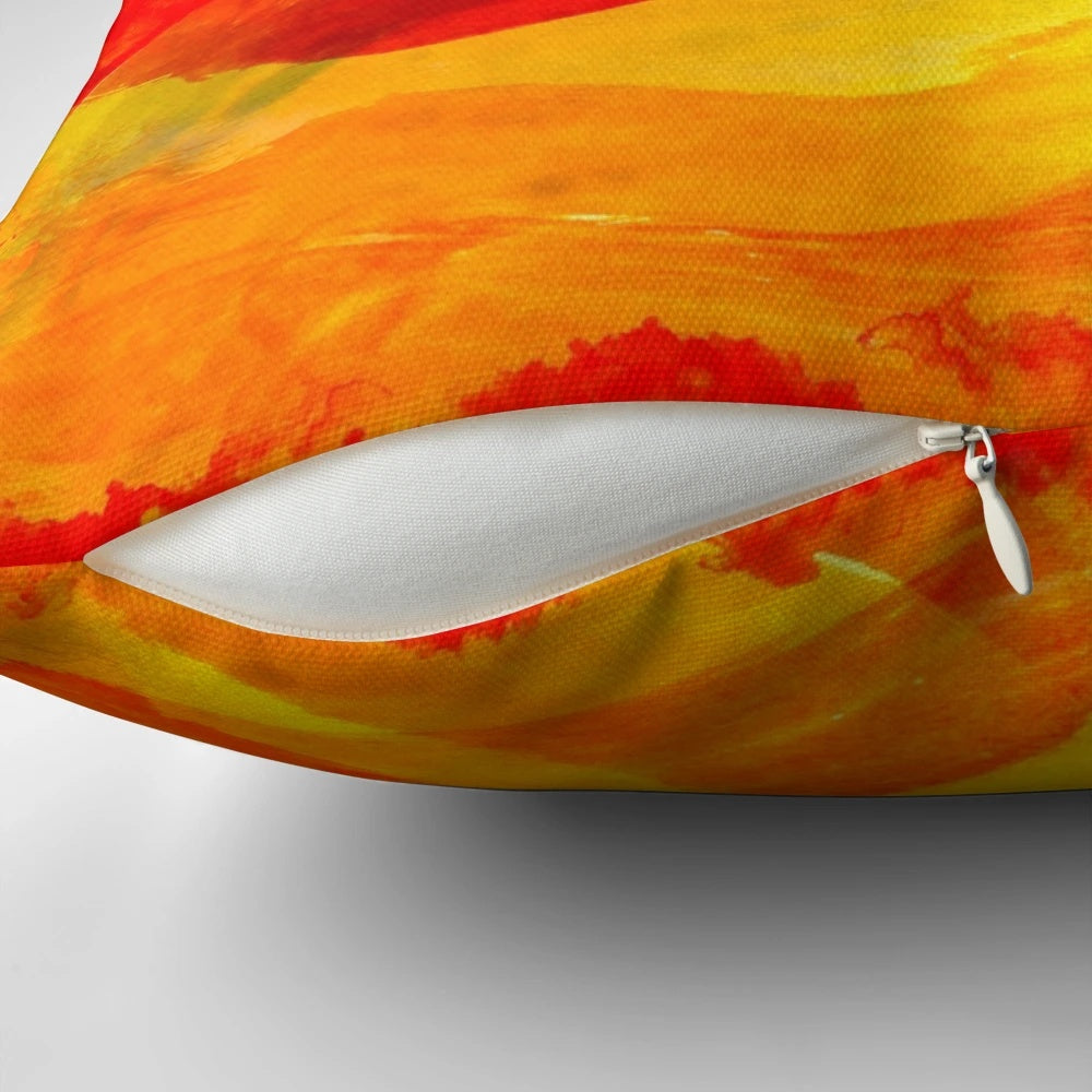 Abstract red and yellow decorative pillow with a wave design, perfect for modern home decor
