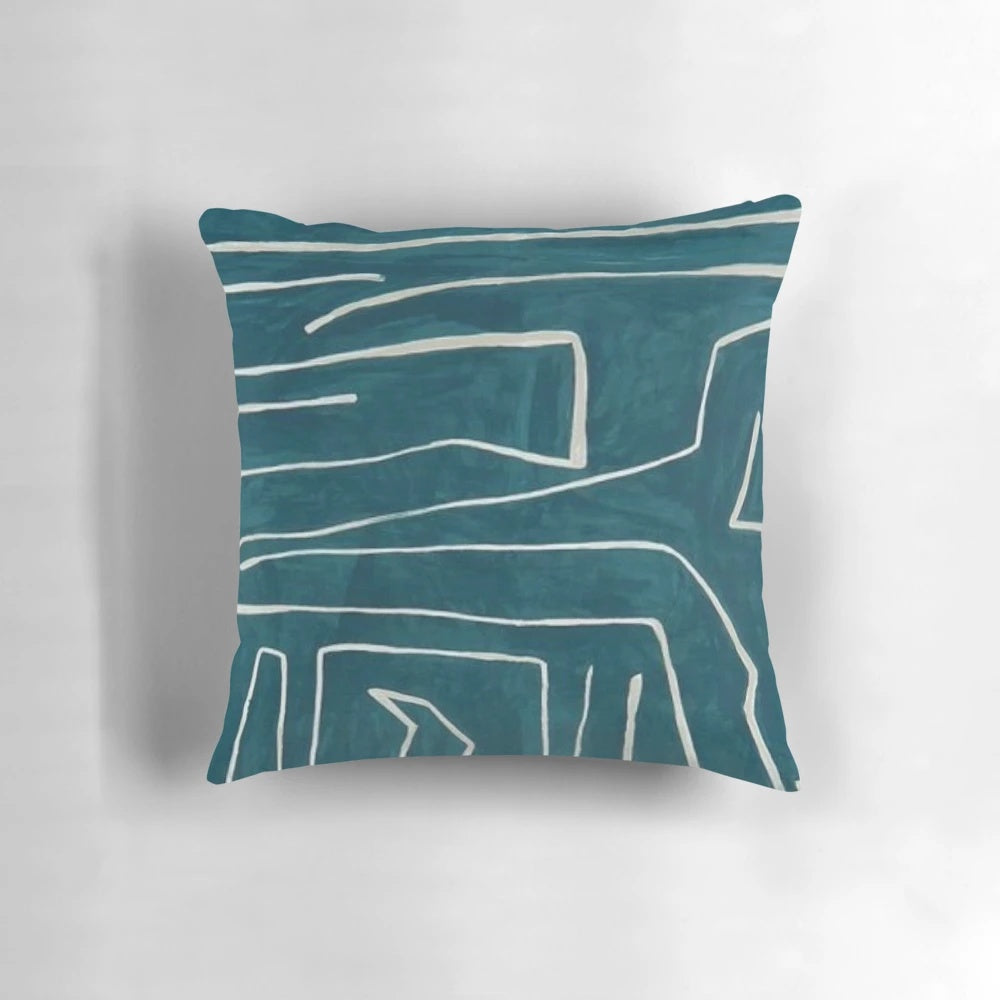 Stylish and modern teal abstract graffiti print pillow by renowned designer Kelly Wearstler