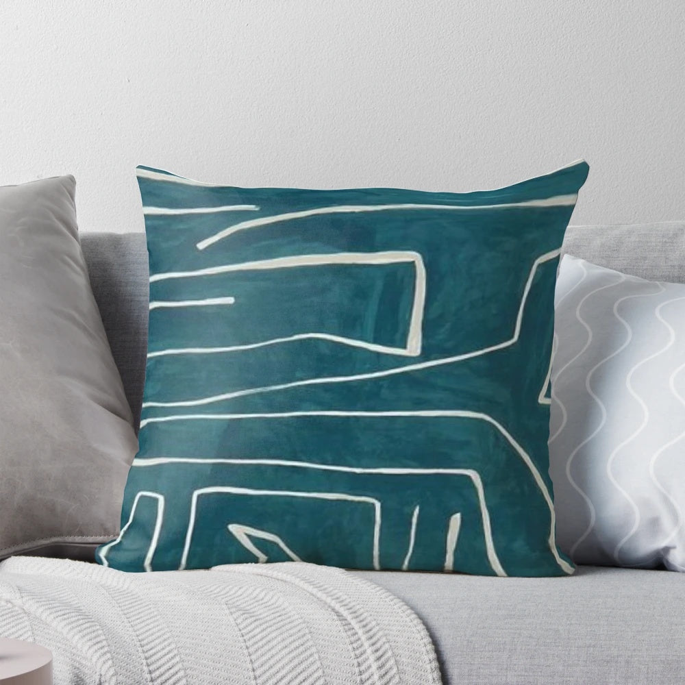 Stylish and modern teal abstract graffiti print pillow by renowned designer Kelly Wearstler