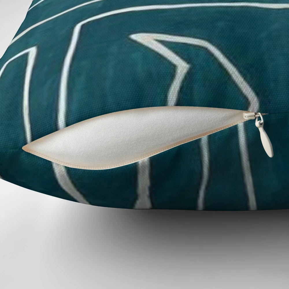Stylish and modern teal abstract graffiti print pillow by renowned designer Kelly Wearstler
