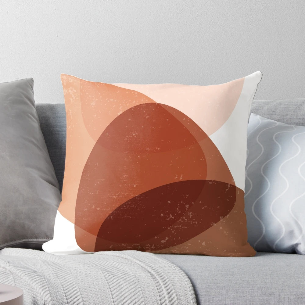 Terracotta abstract art pillow with organic, minimal shapes