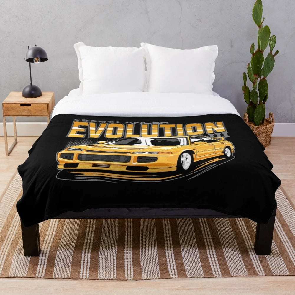 Lancer Evolution-inspired plush blanket featuring sleek, modern car design