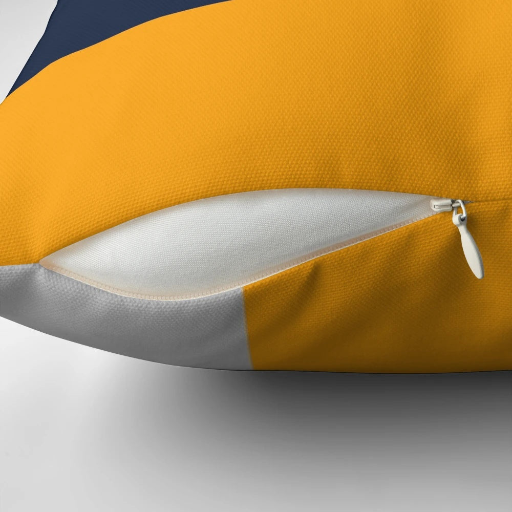 Modern color block throw pillow in navy, grey, and yellow colors