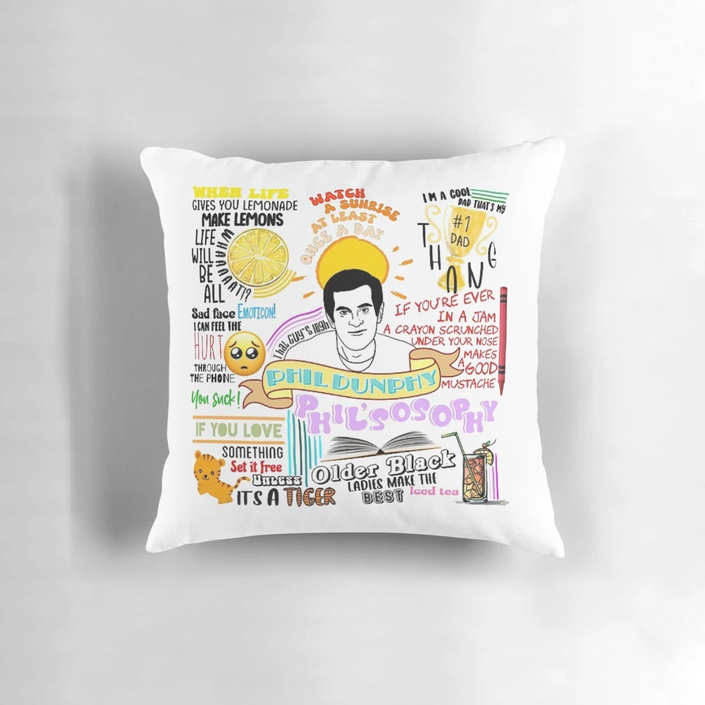 Decorative pillow featuring humorous quotes from the character Phil Dunphy from the TV show Modern Family