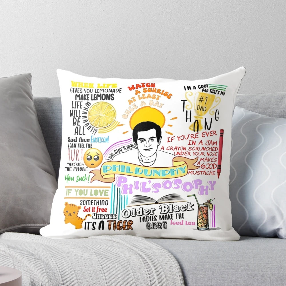 Decorative pillow featuring humorous quotes from the character Phil Dunphy from the TV show Modern Family