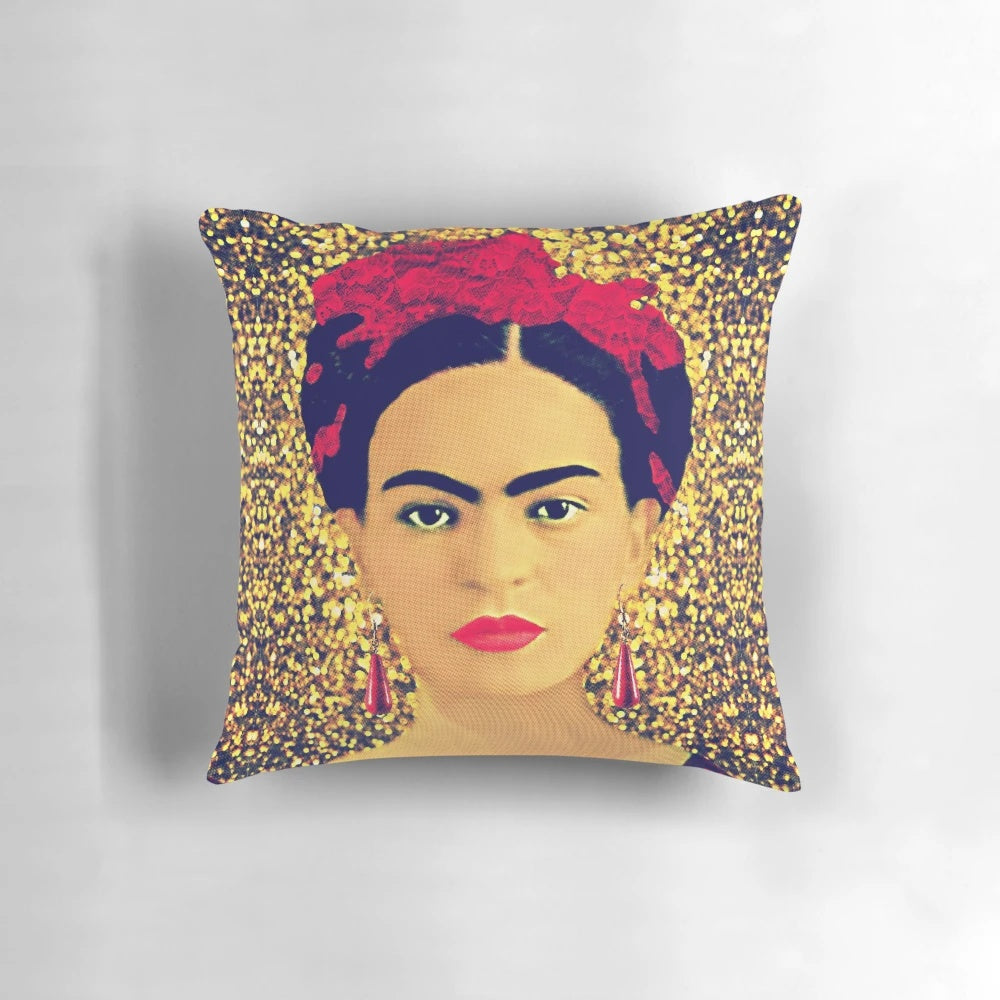 Vibrant gold pillow with a portrait of renowned Mexican artist Frida Kahlo