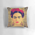Vibrant gold pillow with a portrait of renowned Mexican artist Frida Kahlo