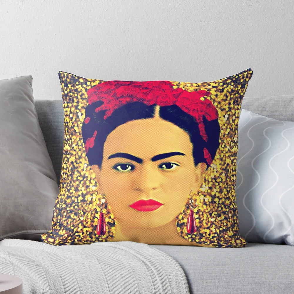 Vibrant gold pillow with a portrait of renowned Mexican artist Frida Kahlo