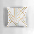 A decorative pillow cover featuring a modern, abstract geometric design in gold and white.