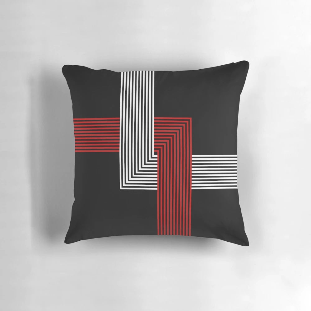 Decorative throw pillow with abstract geometric pattern of intersecting lines and shapes