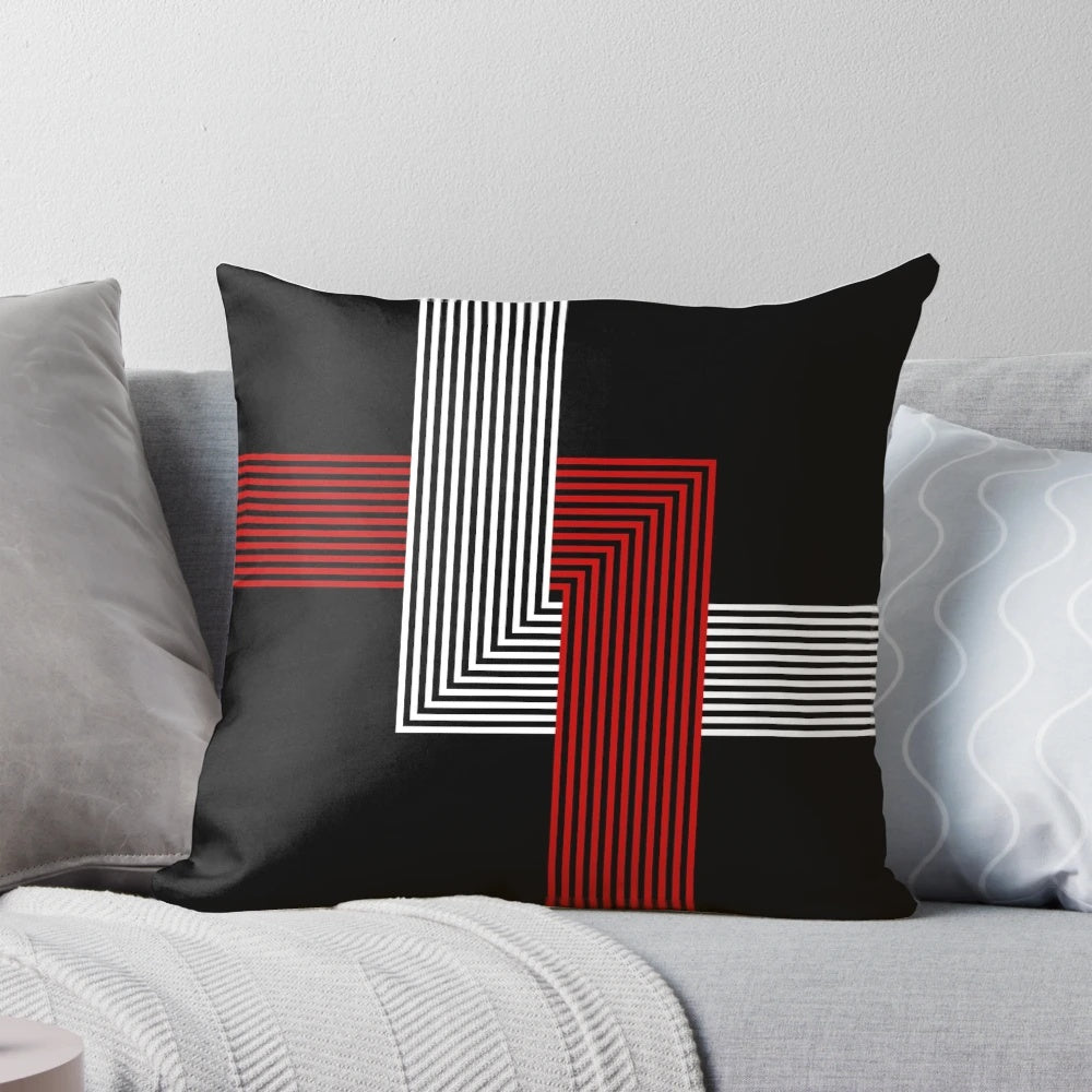 Decorative throw pillow with abstract geometric pattern of intersecting lines and shapes